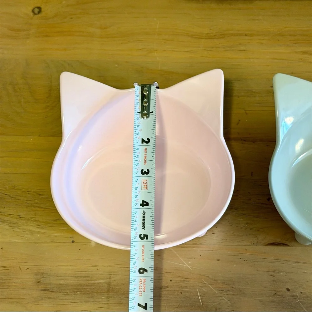 Pastel Cat Bowl Set Raised Kitty Ear Dishes Pink Gray Elevated Feeder Bowls